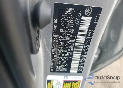 2019 Toyota Camry L z USA, uszkodzony, nr VIN 4T1B11HK6KU705362